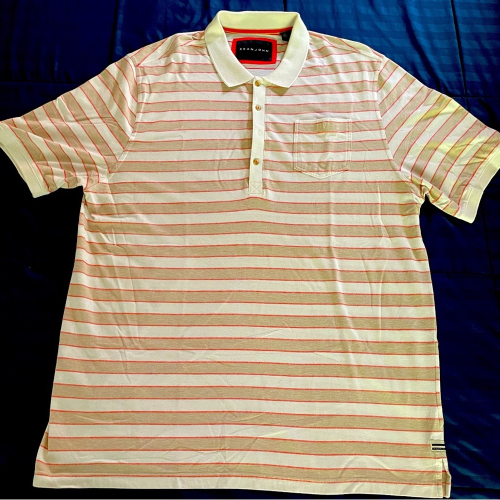 Sean John polo white with beige & burnt orange stripes.